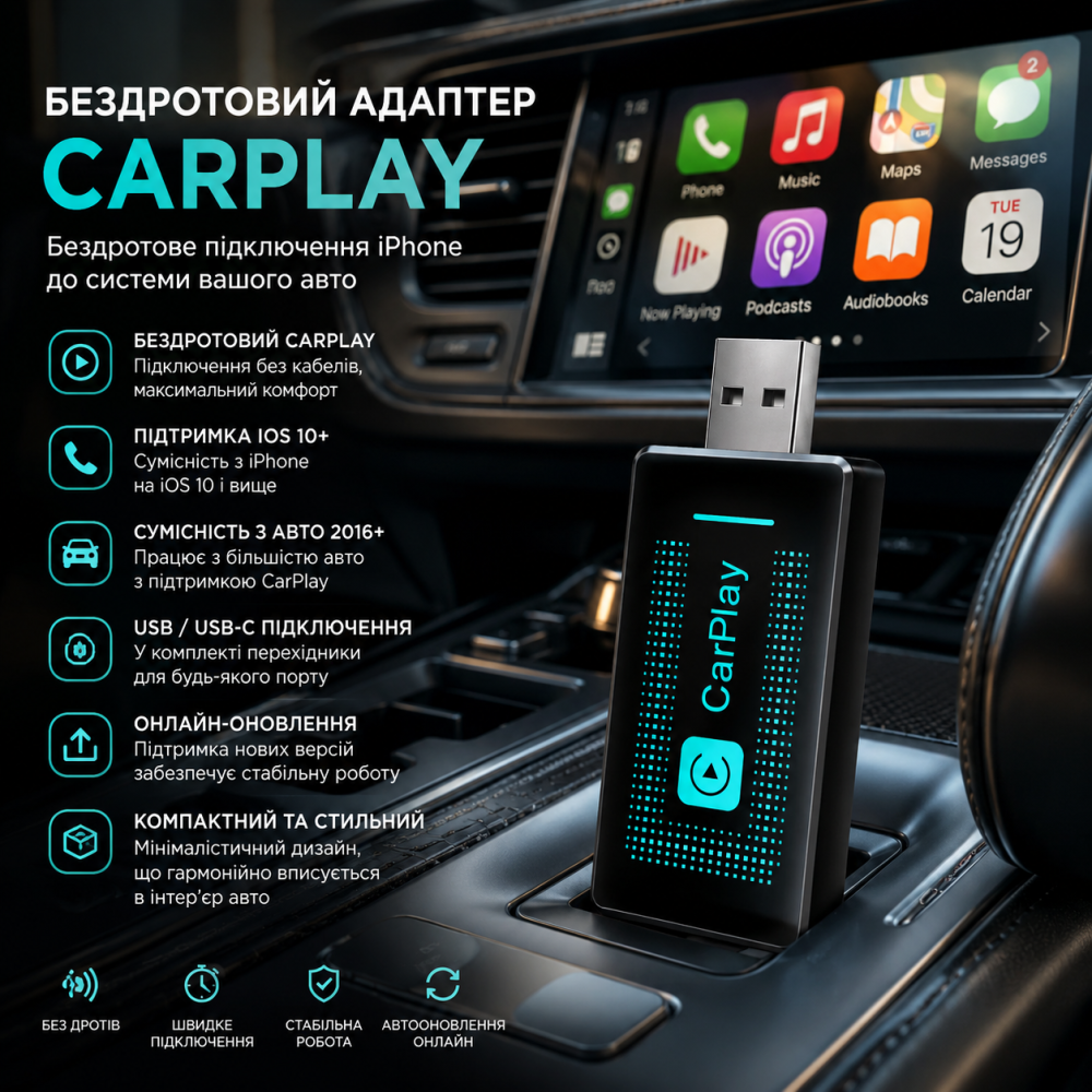 Бездротовий адаптер CarPlay для iPhone, Wireless Apple CarPlay USB, iOS 10+, авто 2016+, USB/USB-C Київ - фото 8