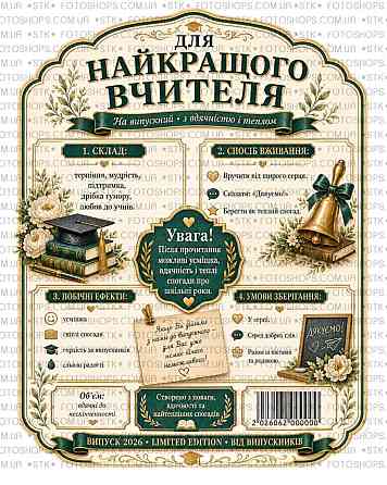 Етикетка на пляшку вина або ігристого для вчителя | Подарункова наліпка на пляшку | Етикетка та контретикетка для вчителя Одеса