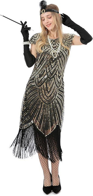 Сукня в стилі 20-х Гетсбі з паєтками бахромою перчатками аксесуарами, жіночий ретро образ для карнавалу, вечірок, Хелловіну Київ - фото 5