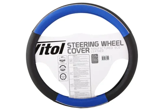 Оплетка на кермо M без запаху Vitol F-17003BL-M чорний/синій з хром. вставкою Вінниця