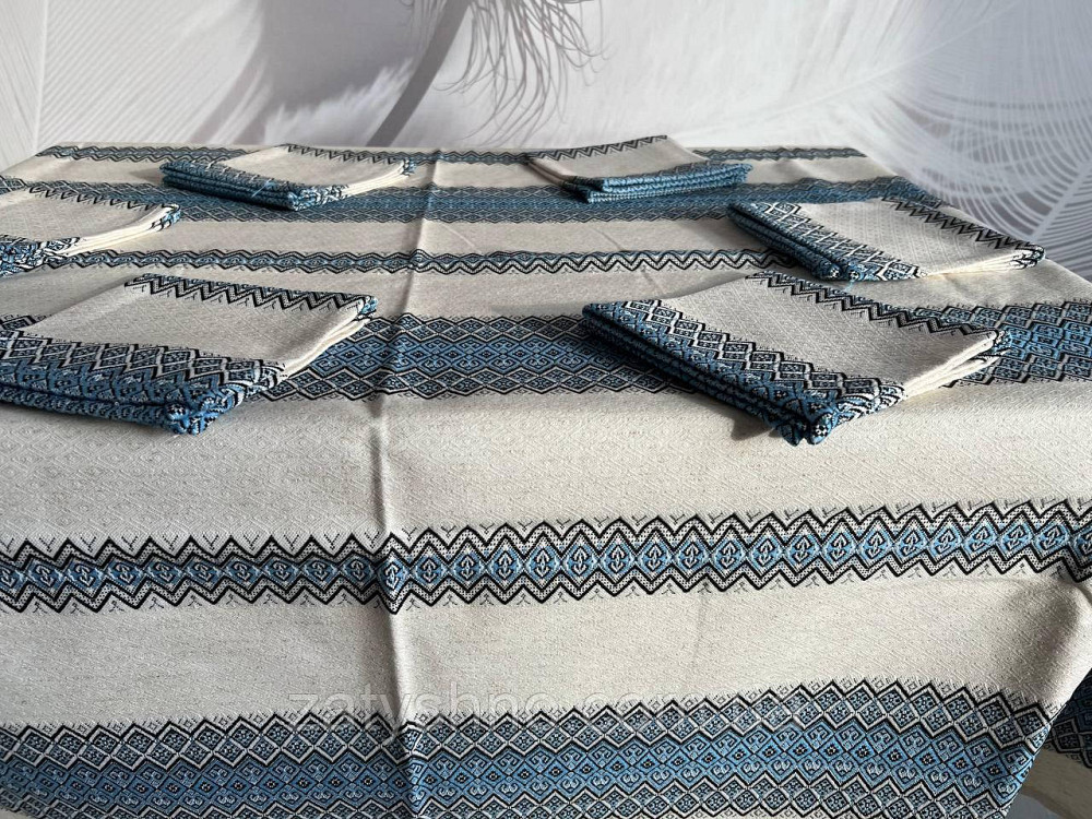 Блакитна вишита скатертина з серветками на льону Київ - фото 5