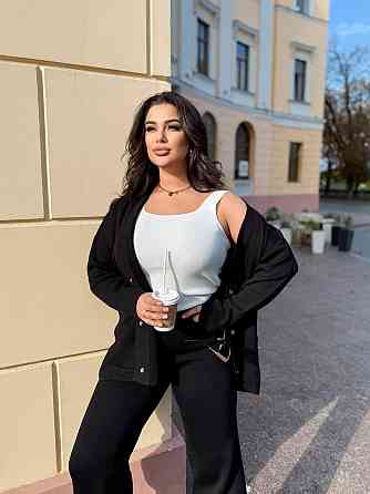 Женский базовый прогулочный костюм: кофта и штаны мелкая машинная вязка Черный Одесса