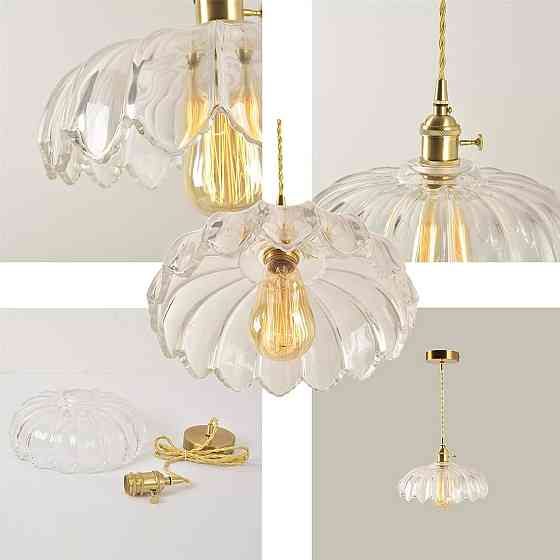 Подвесной светильник люстра 25см стеклянный абажур лотос в винтажном стиле с латунным патроном E27, прозрачный Киев