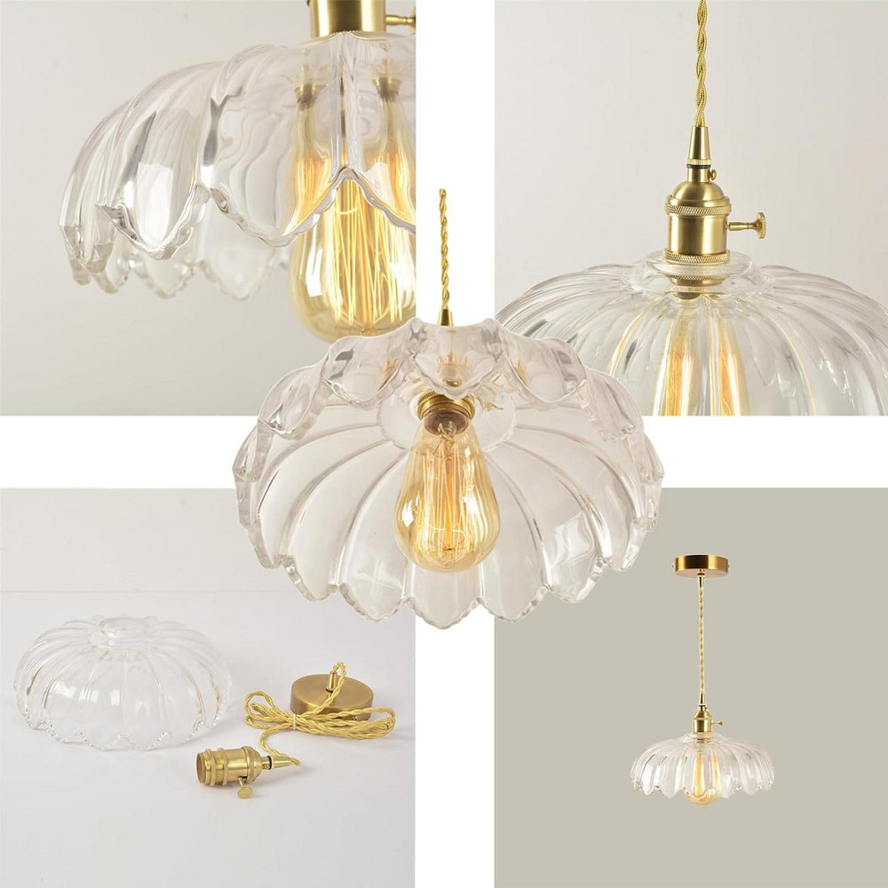 Подвесной светильник люстра 25см стеклянный абажур лотос в винтажном стиле с латунным патроном E27, прозрачный Киев - изображение 5