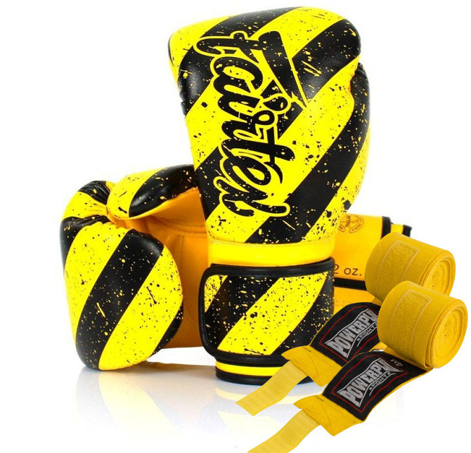 Боксерські рукавиці Fairtex BGV14Y Yellow/Black 14 унцій (бинти в комплекті) Кам'янське - фото 1
