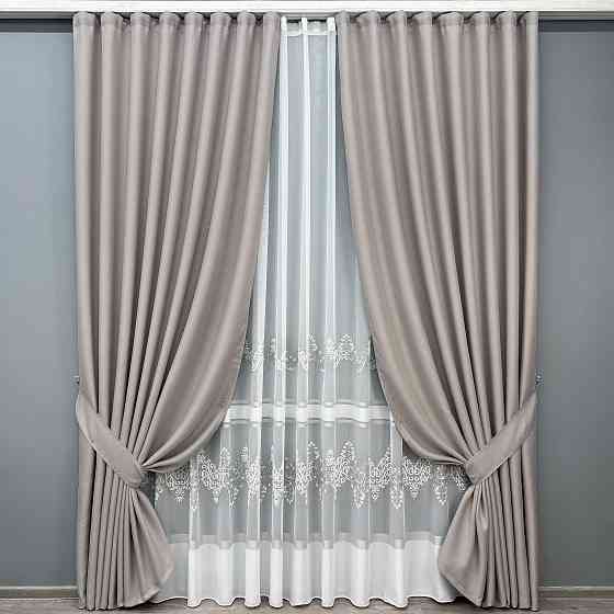 Комплект штор VR-Textil Льон Мішковина 100х270 2шт і Тюль 300х270 867ш-1708т Світло-сірий з білим 71-181/1 Київ