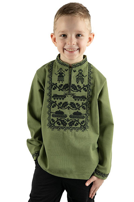 Мужская льняная вышиванка хаки с черной вышивкой «Защитник» Патриотическая вышиванка Украина стильная военная Киев - изображение 6