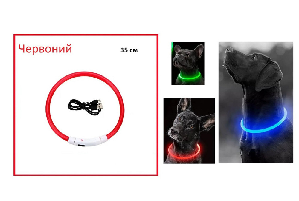 Светящийся ошейник для собак или котов с USB-зарядкой, имеет три режима свечения S 35 см красный Киев - изображение 2