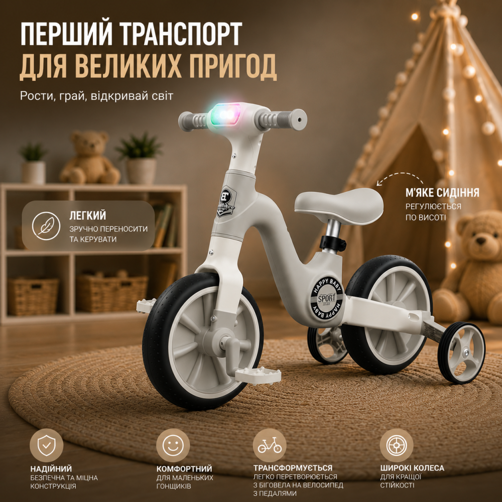 Детский беговел-трансформер 3-в-1 Happy Baby: легкий велобег со светом, музыкой и колесами для тренировок, Бело-черный Киев - изображение 3