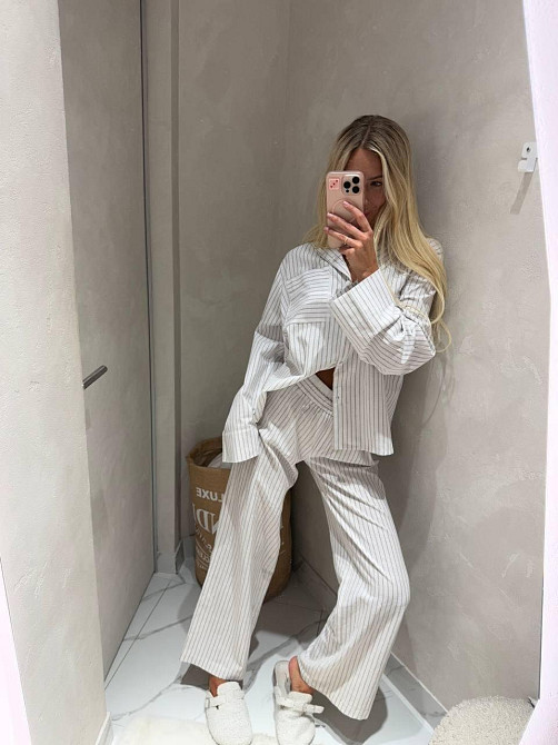 Женская полосатая пижама двойка из льна Белый Одесса - изображение 1