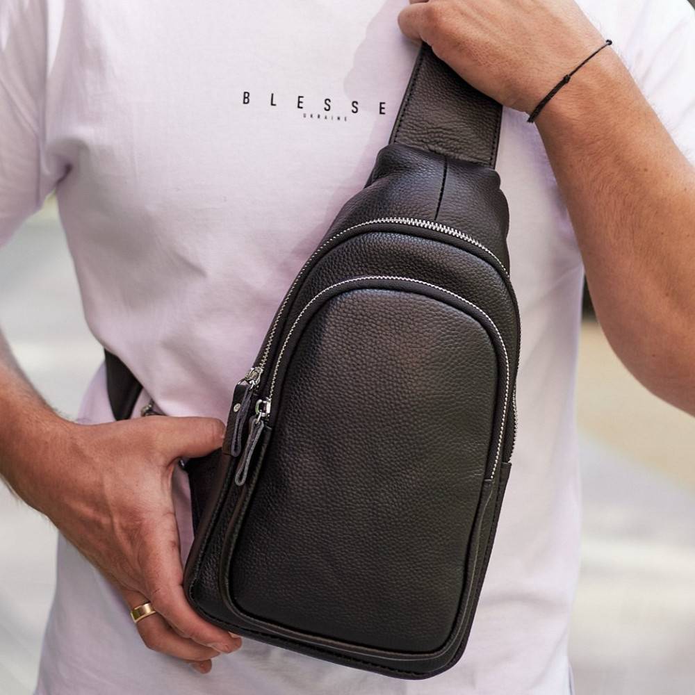 Мужской слинг кожаный 32х18х8, сумка рюкзак на плечо зернистая, бананка для документов23242 черная Каменское - изображение 1