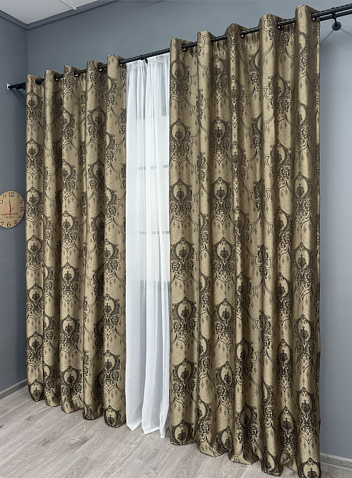 Комплект штор на люверсах VR-Textil Парча № 1775ш Бежевый с венге 155х270 см 2 шт (37-0259) Киев - изображение 4