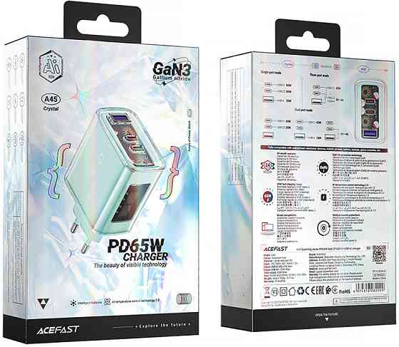 Зарядний пристрій 3xUSB 65W (2xUSB-C+USB-A) Gan A45 Fast Charger Mountain mist Acefast Винница