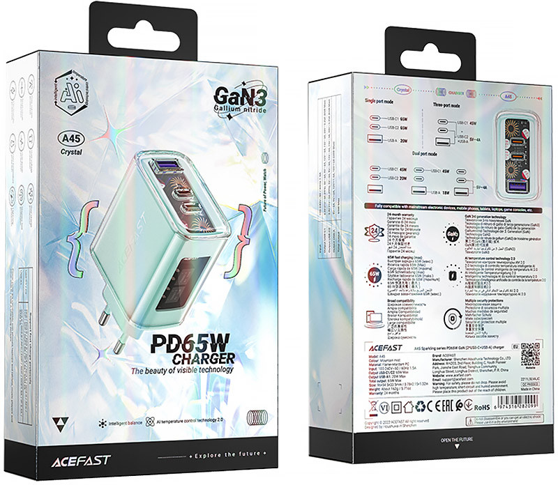 Зарядний пристрій 3xUSB 65W (2xUSB-C+USB-A) Gan A45 Fast Charger Mountain mist Acefast Винница - изображение 6