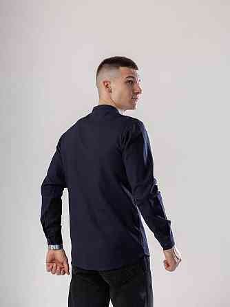 Рубашка из льна мужская синяя однотонная синяя. Рубашка casual на пуговицах синяя Pobedov Exlnt Киев