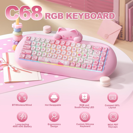 Механічна клавіатура YUNZII C68 Cute Cat 65% RGB, Bluetooth/2.4G/USB-C, Hot Swap, Milk Switch, рожева Київ