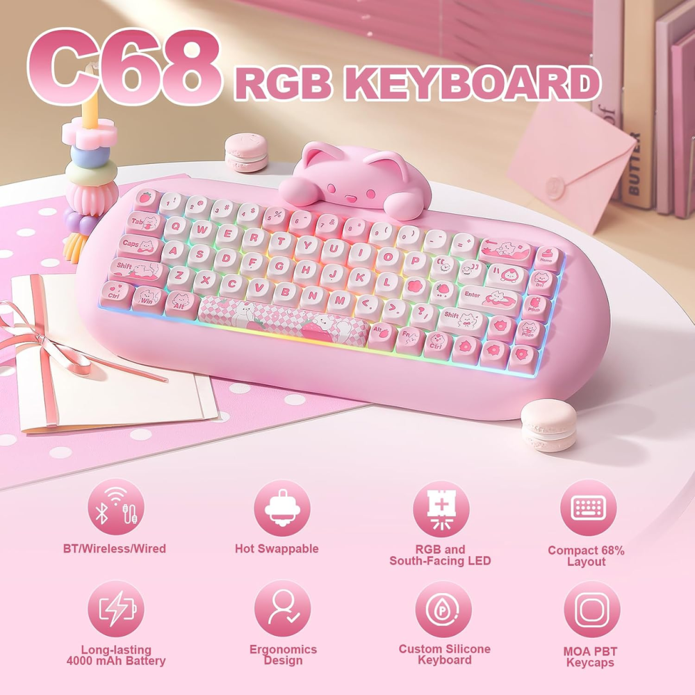 Механічна клавіатура YUNZII C68 Cute Cat 65% RGB, Bluetooth/2.4G/USB-C, Hot Swap, Milk Switch, рожева Київ - фото 3