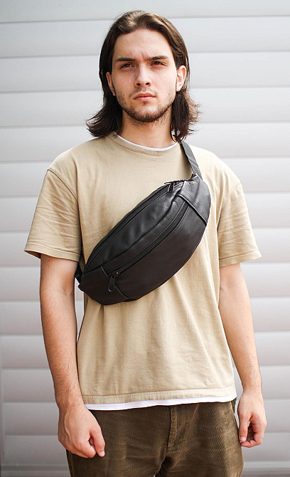 Кожаная мужская бананка, поясная сумка SL003 (Черная) Сумы - изображение 1