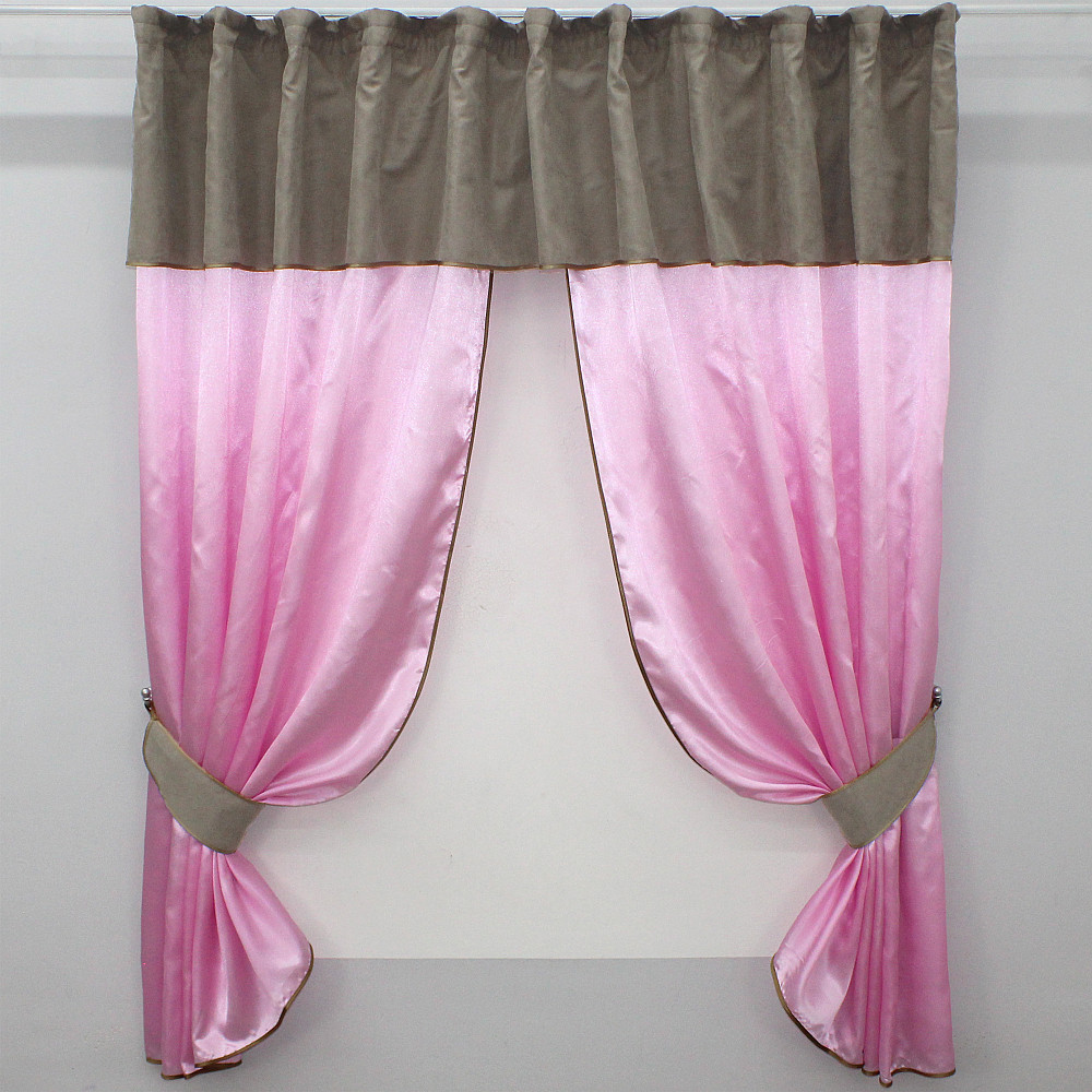 Кухонные шторы VR-Textil № 073к с ламбрекеном и подхватами розовый с какао 270х170 см (52-0473) Киев - изображение 1