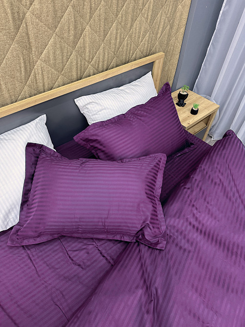 Комплект постельного белья Страйп-сатин Двуспальный 180х220 с простыней на резинке Баклажановый (88-088) Киев - изображение 7