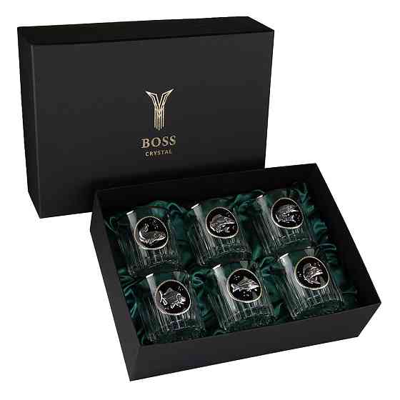 Набор для виски «GOLDFISH» 6 бокалов 360 мл, хрусталь с платиной, изображение из серебра с позолотой,темная Ровно