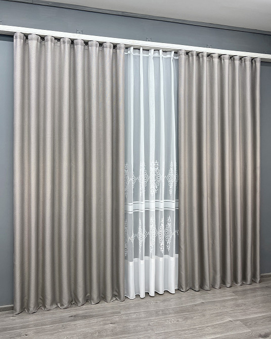 Комплект штор VR-Textil Лен Мешковина 150х270 2шт и Тюль 600х270 867ш-1703т Светло-серый с белым 71-180/5 Киев - изображение 3