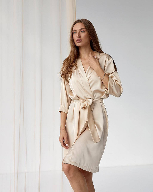 Халат женский шелковый под пояс Молочный M Харьков - изображение 1