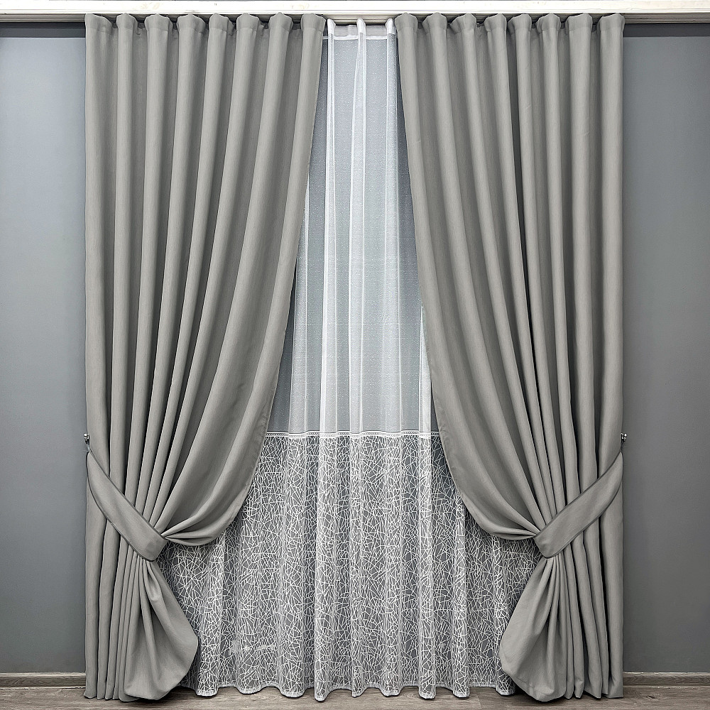 Комплект штор VR-Textil блекаут Scandi 150х270 2шт і Тюль 600х270 1900ш-1672т Сірий з білим 71-171/5 Київ - фото 1