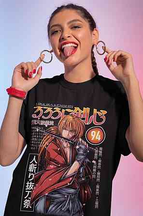 Футболка чоловіча з аніме принтом Руроуні Кенсхін Самураі Кс оверсайз (S/M/L) Чорний AnimeJ1189 Дніпро