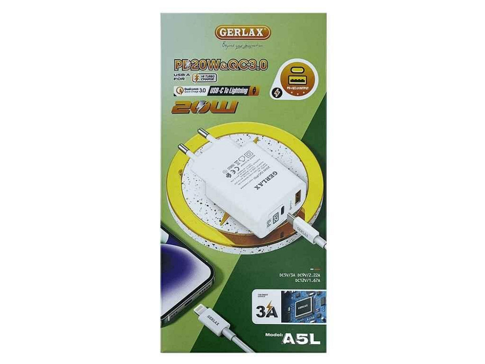 Сетевое зарядное устройство Type C to iPhone Lightning A5L PD 20w (USB разъем на блонке) белое 1м ТМ Gerlax Киев - изображение 1