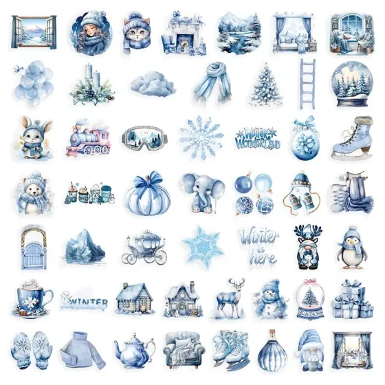 Набор зимних виниловых стикеров 50 шт – винтажные наклейки со снегом и праздничными сценами Киев