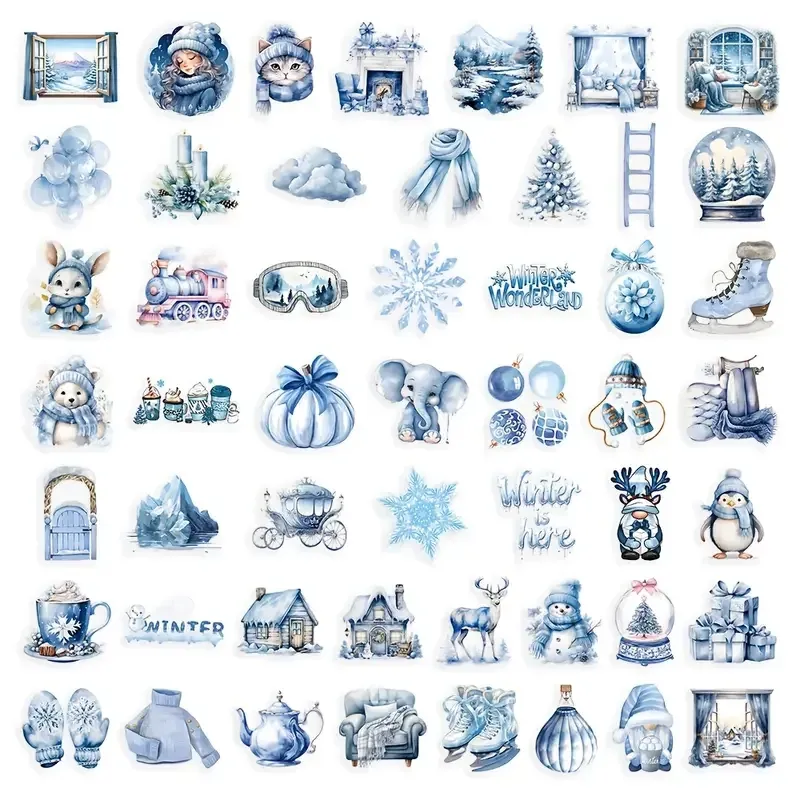 Набор зимних виниловых стикеров 50 шт – винтажные наклейки со снегом и праздничными сценами Киев - изображение 2