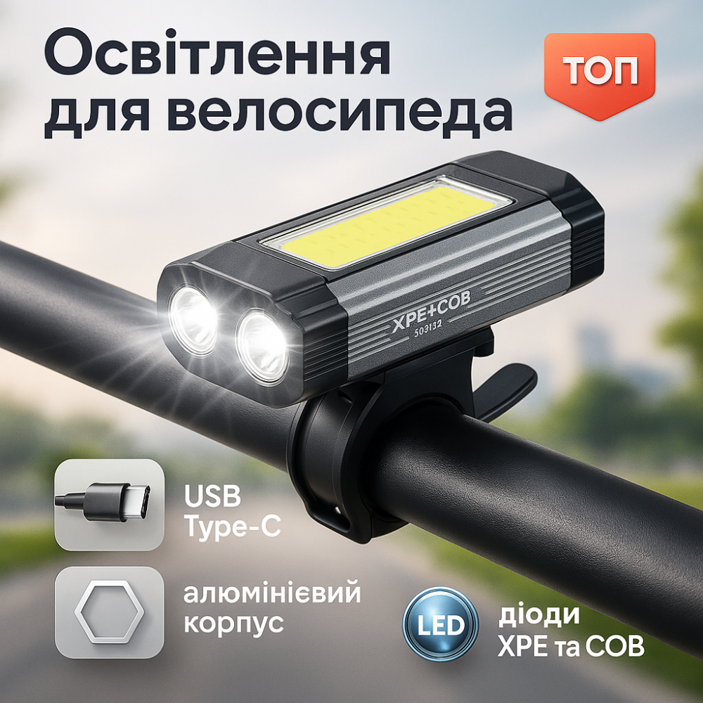 Легкий алюмінієвий ліхтар для велосипедистів 501-2XPE+COB, Фара на кермо велосипеда RX-58 Львів - фото 8