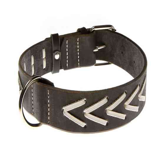 Нашийник 4385 30мм "Класик преміум" шкіряний прикрашений плетінням Синій Вінниця