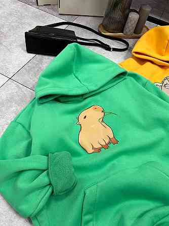 Женское уютное теплое худи оверсайз с милым принтом трехнитка Тедди + трехнитка с начесом пенье Зеленый Одесса