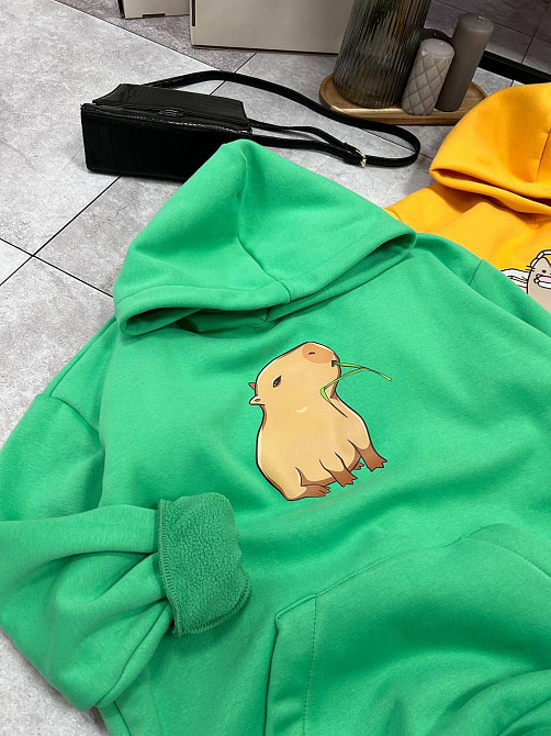 Женское уютное теплое худи оверсайз с милым принтом трехнитка Тедди + трехнитка с начесом пенье Зеленый Одесса - изображение 2