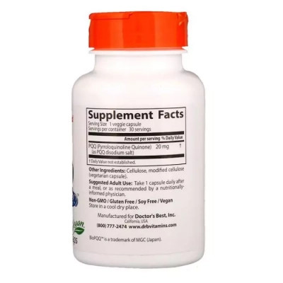 Вітамінно-мінеральний комплекс Doctor's Best Пірролохінолінхінон PQQ, 20 мг, 30 вегетаріанських капсул (DRB-00295) Вінниця - фото 2