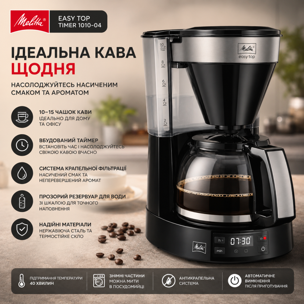 Капельная фильтр-кофеварка Melitta Easy Top Timer (1010-04) с встроенным дисплеем и стеклянным кувшином на 10-15 чашек, черная нер Киев - изображение 1