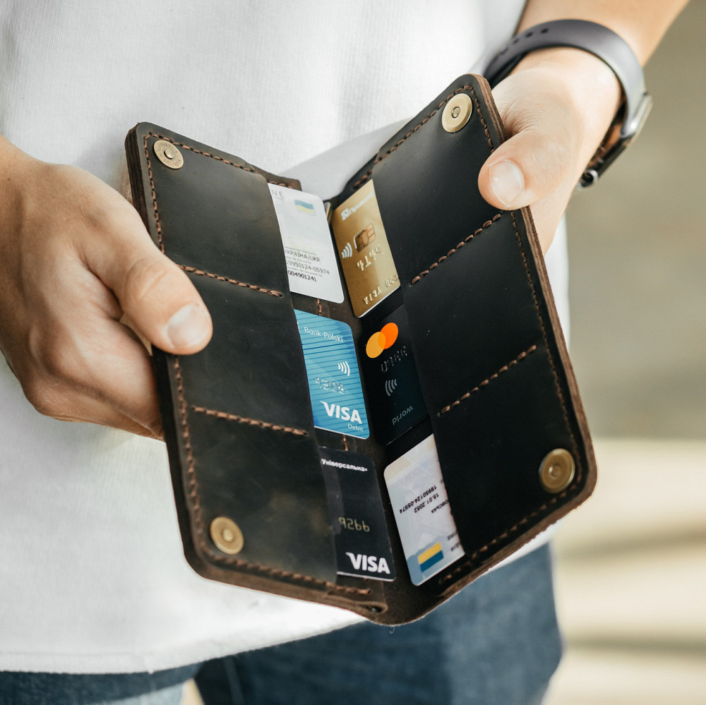 Клатч чоловічий шкіряний Лонгер Коричневий стильний на кнопках 20х10 см з відділеннями для купюр, карт та монетMasterSem Київ - фото 5