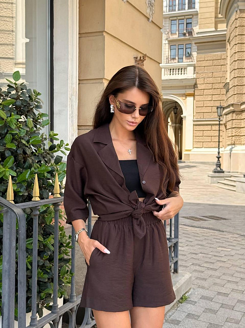 Женский летний базовый костюм двойка: шорты + рубашка свободного кроя лен бохо Одесса - изображение 4