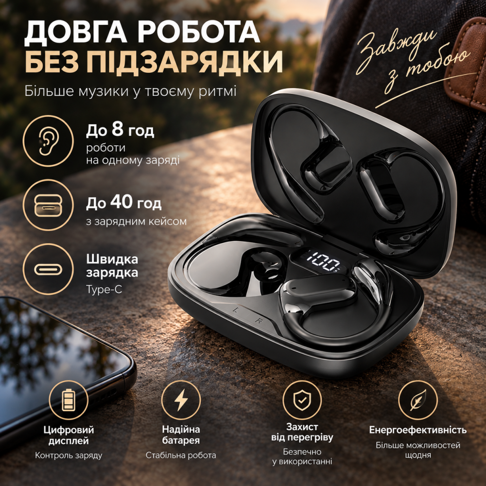 Беспроводные наушники с открытым ухом Q11 OWS, Bluetooth 5.4, 13 мм Hi-Fi, IPX5, цифровой дисплей, черные Киев - изображение 2