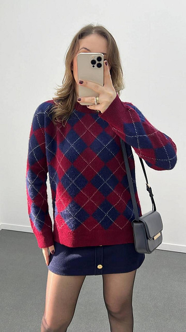 Женский оверсайз свитер в геометрический принт машинная вязка Синий Одесса - изображение 7