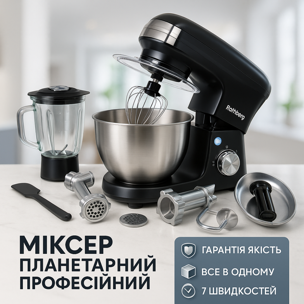 Универсальный кухонный комбайн Rainberg RB-8088 6л мясорубка, блендер 3600Вт Планетарный тестомес Black VC-23 Львов - изображение 7