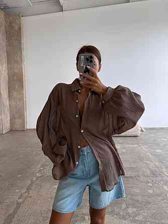 Женская воздушная оверсайз рубашка из натуральной ткани батист жатка 100% хлопок Мокко Одесса