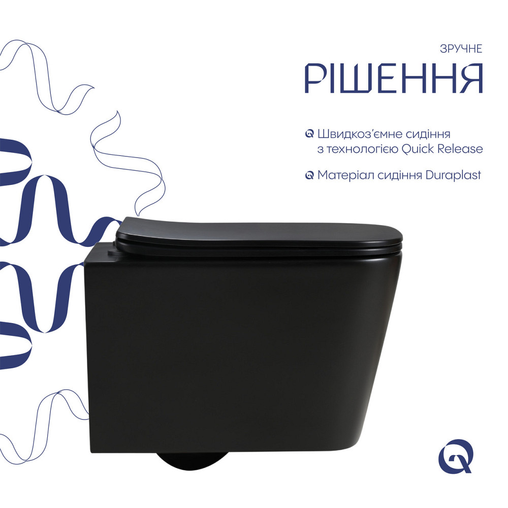 Унитаз подвесной Qtap Crow Ultra Quiet 485×340×290 мм, Matt Black, с сиденьем Slim Duroplast/ Soft-close/ Quick Release Киев - изображение 4