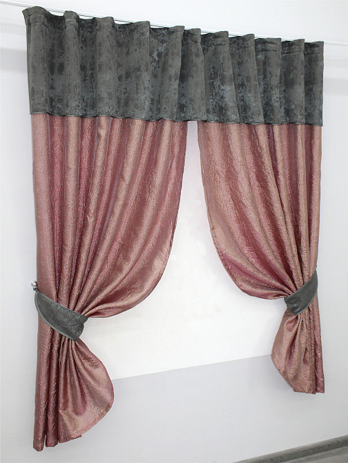 Кухонные шторы VR-Textil № 073к с ламбрекеном и подхватами розово-золотистый с серым 270х170 см (52-0365) Киев - изображение 2