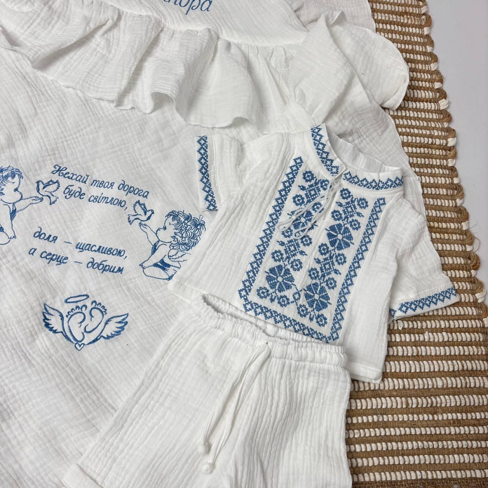 Комплект для хрещення хлопчика з мусліну (крижмо з вишивкою, сорочка вишита+шорти) Кам'янець-Подільський - фото 3