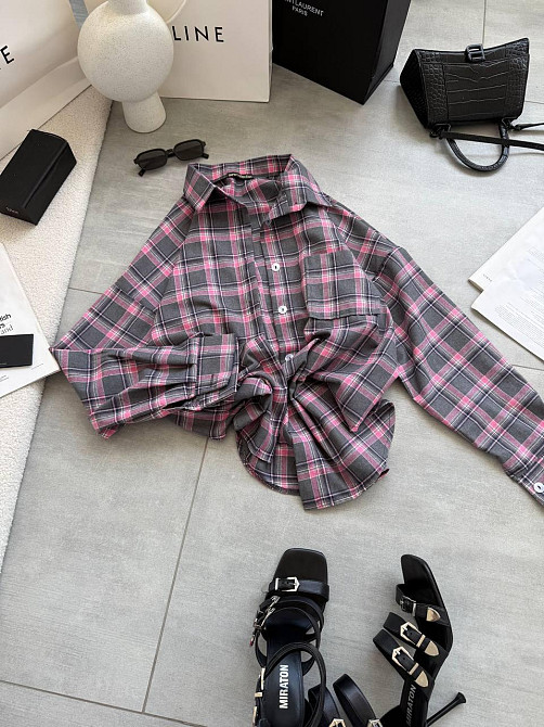 Женская стильная оверсайз рубашка в клетку фланель 100% коттон Серый 2 Одесса - изображение 5