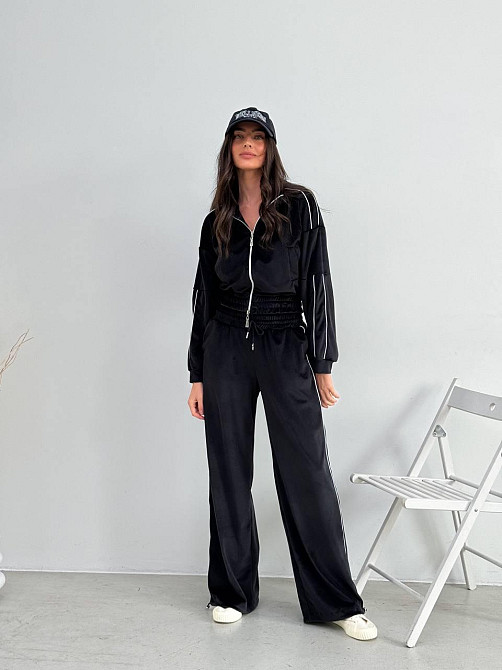 Женский повседневный велюровый костюм двойка: кофта и брюки Черный, 48/52 Одесса - изображение 7