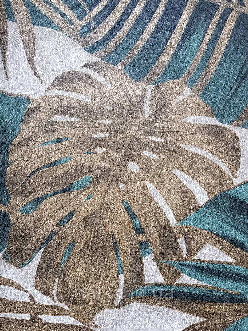 Шпалери вінілові на флізеліні гарячого тиснення DU&KA 1.06х10 листя монстери пальми золотисті зелені Київ - фото 2